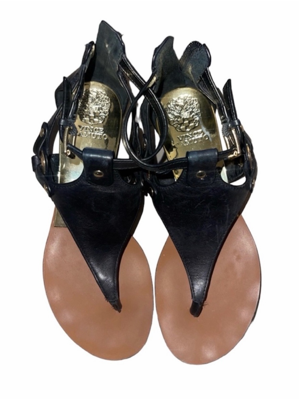 Avenue Black Leather T-Strap Sandals with Tan Footbed